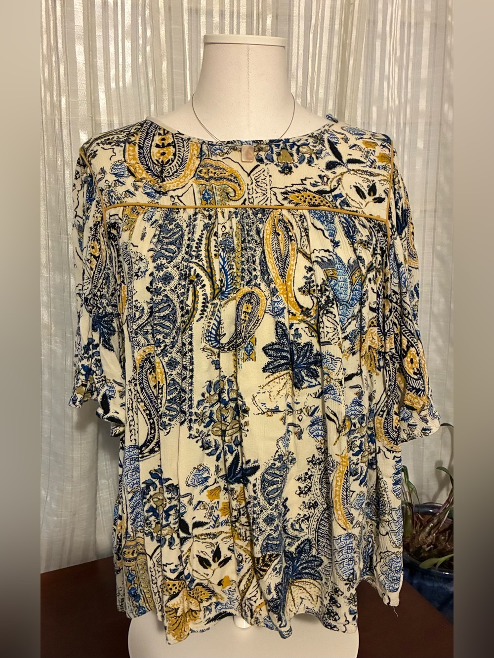 Maurices Cream Paisley Top with Blue & Mustard Print